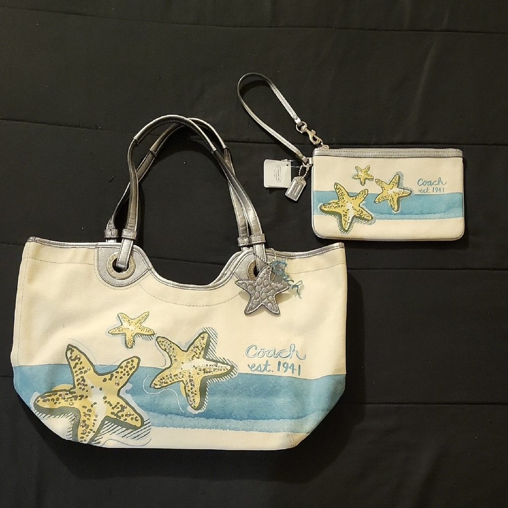 Coach Rare Starfish Tote+Wristlet Set. Cream, Blue, Silver. Can Sell Sepererate